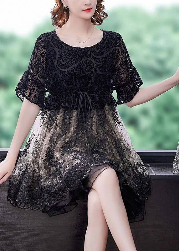 French Black O-Neck Patchwork Organza Cinch Dress Summer Chic Style, Always In Vogue