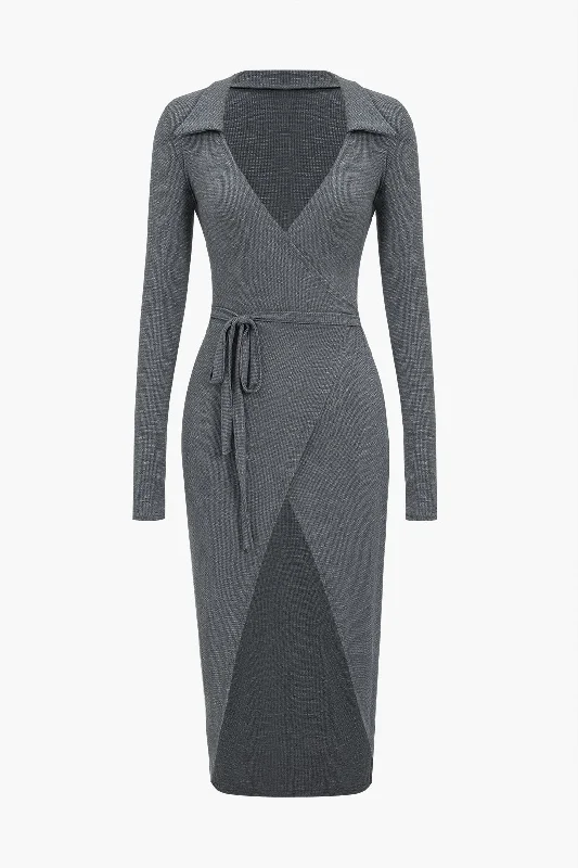 Solid Tie Front Long Sleeve Midi Dress The Epitome Of Modern Women's Fashion