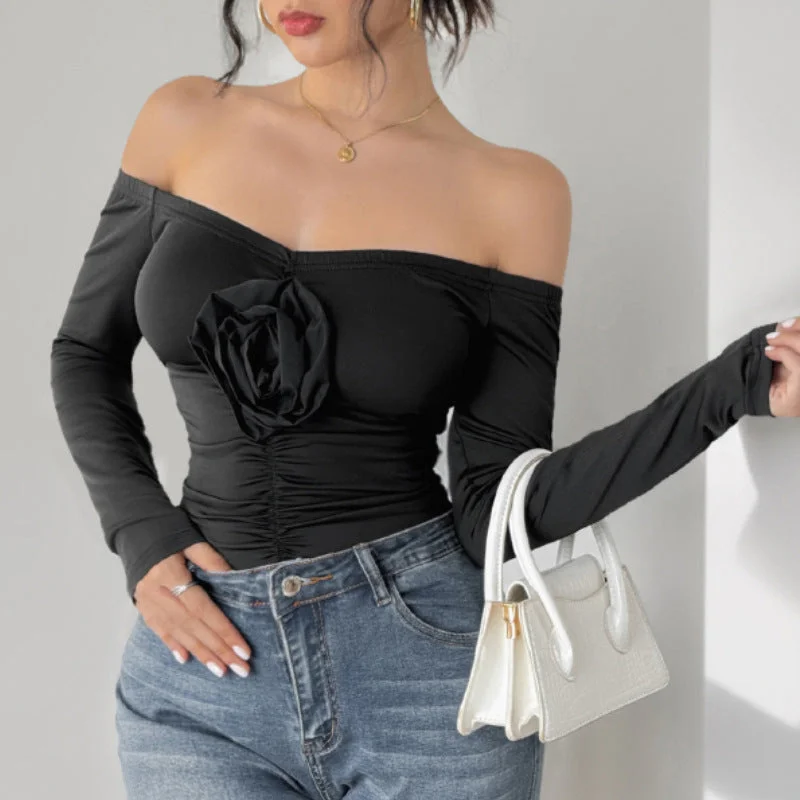 IKEARLAX , autumn and winter off-the-shoulder sexy jumpsuit three-dimensional flower one-word shoulder slim autumn jumpsuit Shop Our Looks