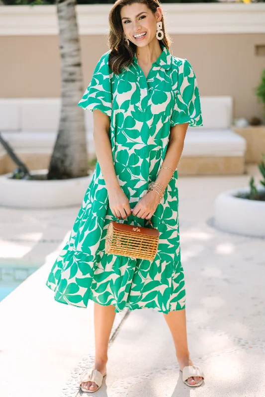 Listen To Your Heart Green Floral Midi Dress Summer Fashion