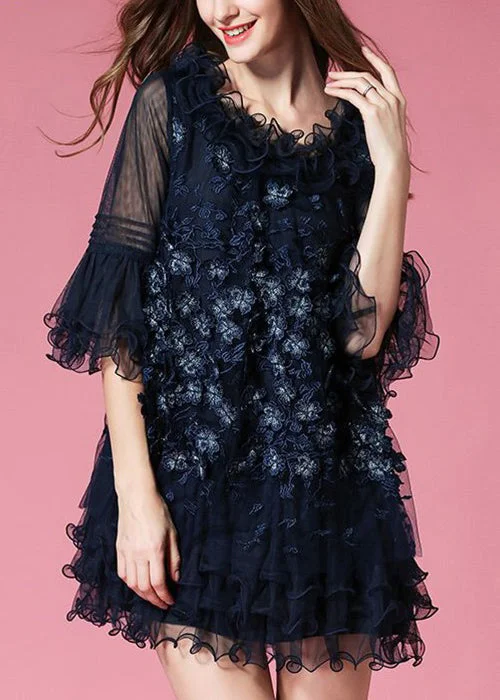 Unique Navy Ruffled Patchwork Tulle Mid Dress Half Sleeve Casual Weekend Relaxed Style