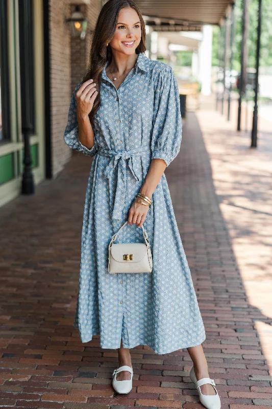 On The Move Light Blue Eyelet Denim Midi Dress Seasonal Trends