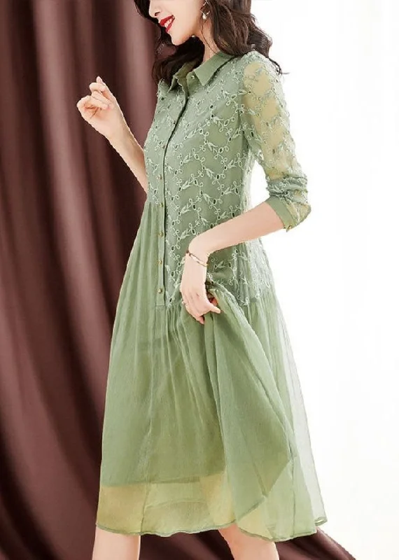 Women Green Peter Pan Collar Embroideried Patchwork Wrinkled Silk Long Dresses Long Sleeve Everyday Wear