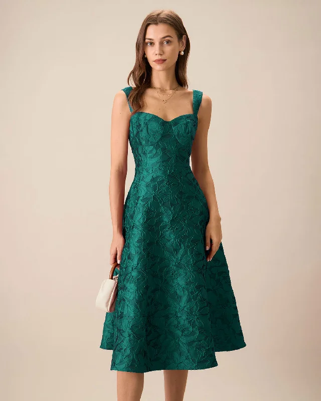 Green Sweetheart Neck Jacquard Midi Dress Odd Size Clearance Sale