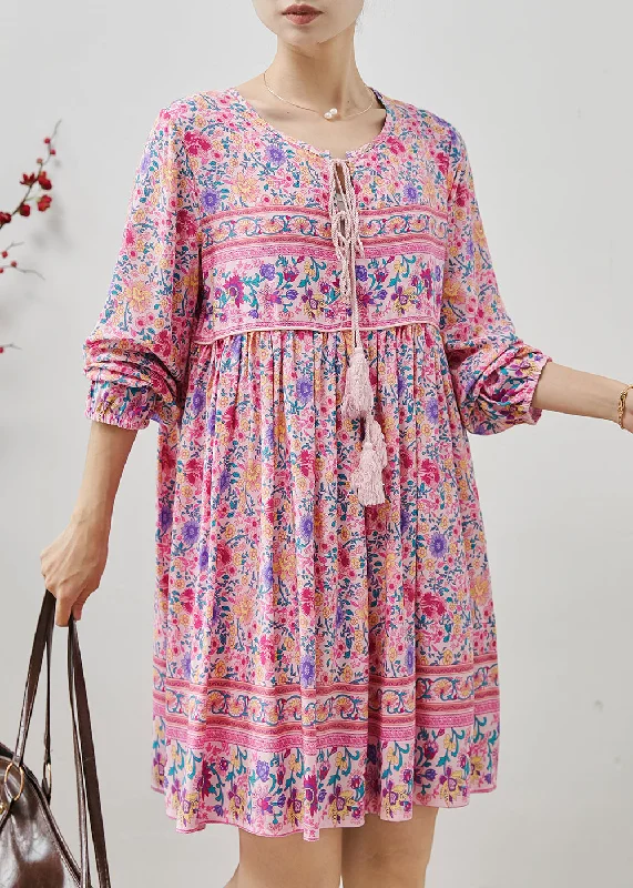 Fine Pink Tasseled Print Cotton Beach Dresses Fall New In This Season