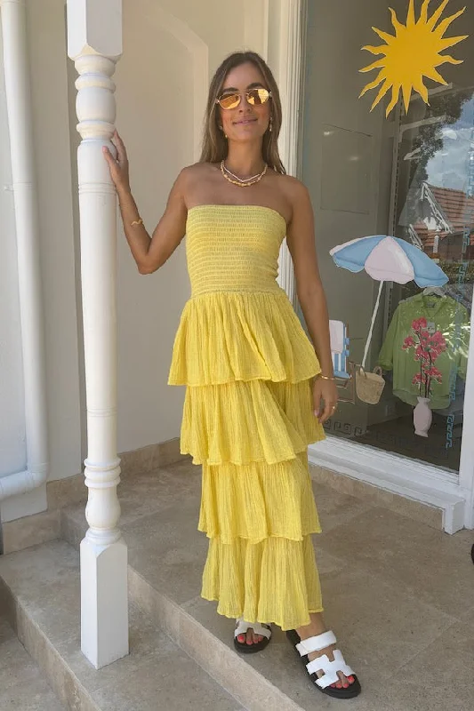 Tiered Maxi Dress Lemon/Gold Fashion Forward Style