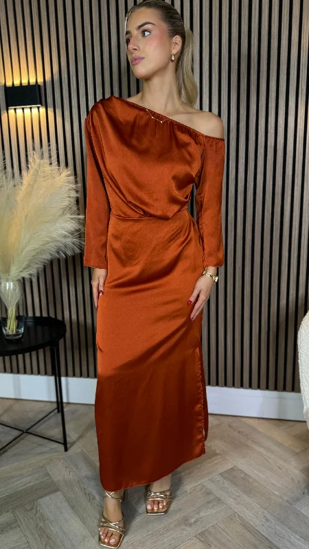 Tamera Rust Off The Shoulder Long Sleeved Ruched Midi Dress Minimalist Office - Ready Style