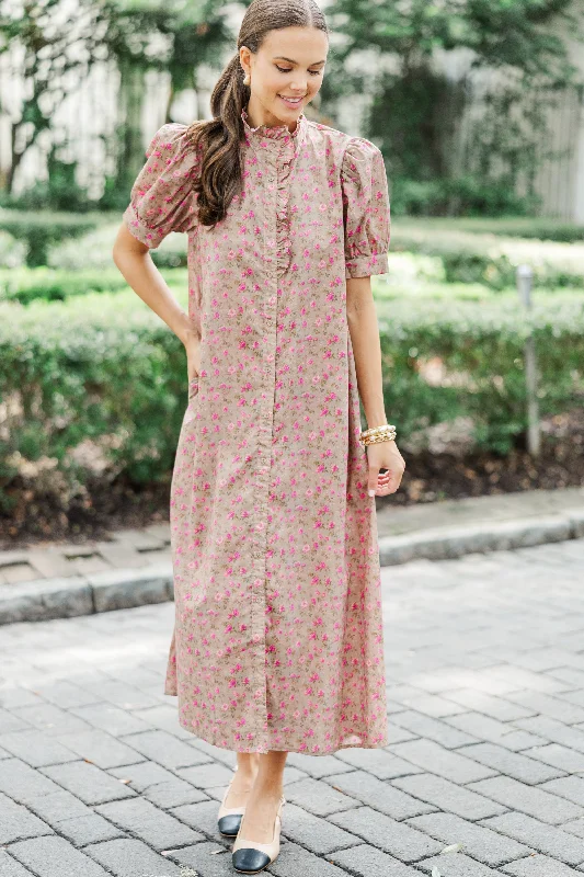 Living In A Fairy Tale Camel Brown Ditsy Floral Midi Dress Clearance Event