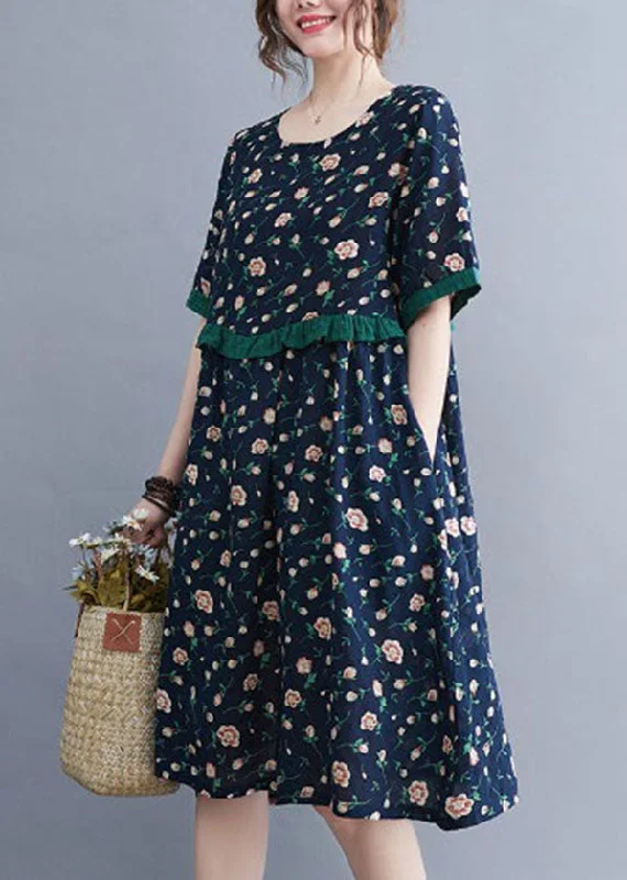 Style Navy O-Neck Ruffled Patchwork Print Cotton Party Dress Short Sleeve Buy More, Save More