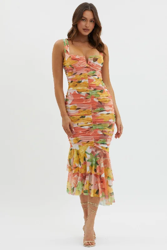 Nadia Ruched Fishtail Midi Dress Floral Orange Chic Outfits