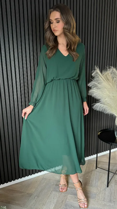 Beatrix Forest Green V Neckline Midi Dress Fashion Forward