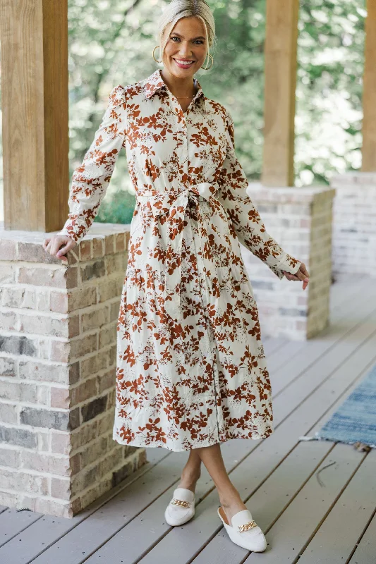 Fate: On Call Ivory/Brown Floral Midi Dress Summer Deals