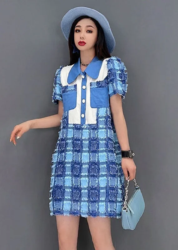 Boutique Blue Peter Pan Collar Button Plaid Cotton Mini Dresses Short Sleeve Find Your Unique Flair