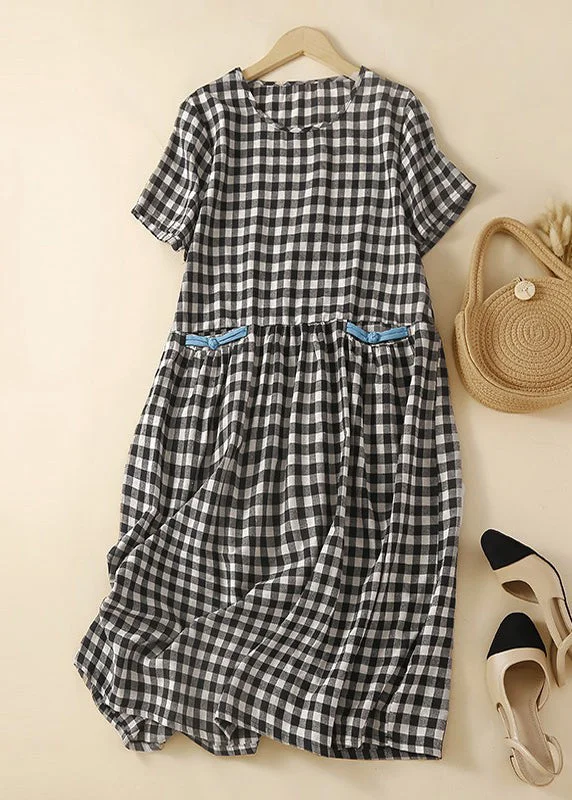 Casual Black Plaid O-Neck Patchwork Cotton Mid Dress Summer Versatile Wardrobe Essentials