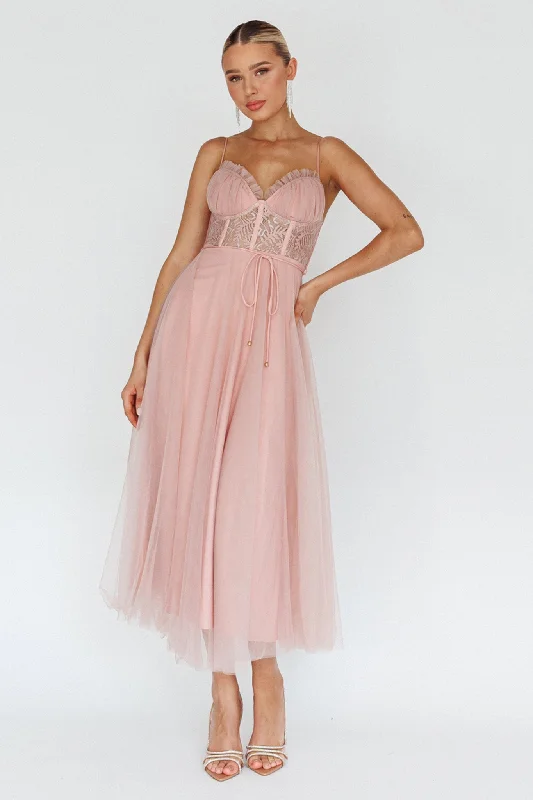 Trophy Lace Bodice Mesh Midi Dress Blush Shop Sales