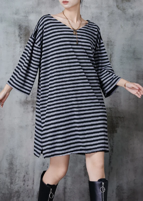 Handmade Grey Oversized Striped Cotton Vacation Dress Summer Season Sale