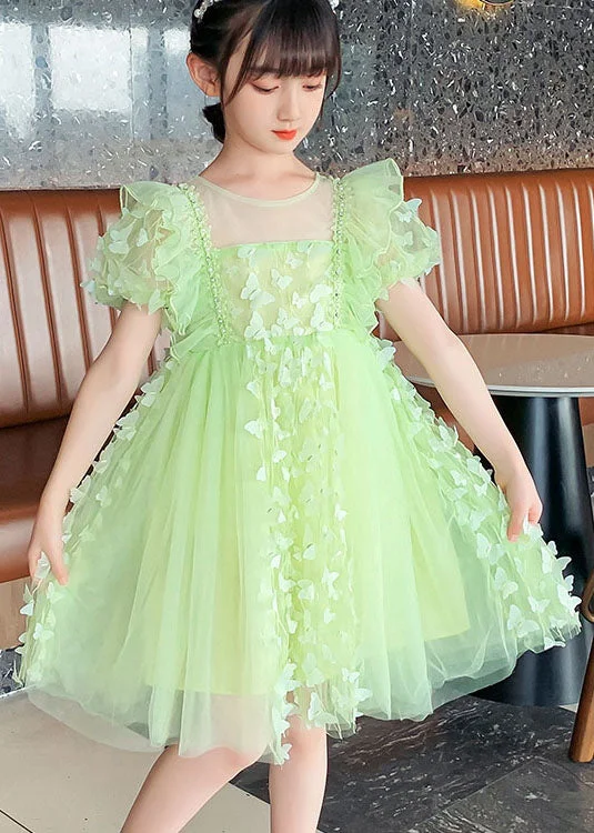 DIY Green Ruffled Butterfly Patchwork Tulle Kids Girls Mid Dress Summer High End Designer Brands Discount