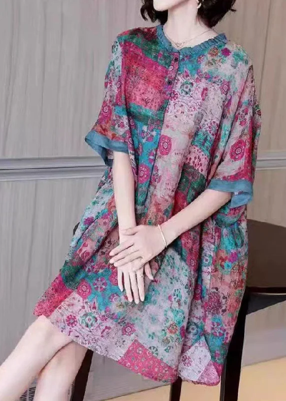 Loose Colorblock Ruffled Print Patchwork Linen Mid Dresses Summer Art Deco Geometric Pattern Look