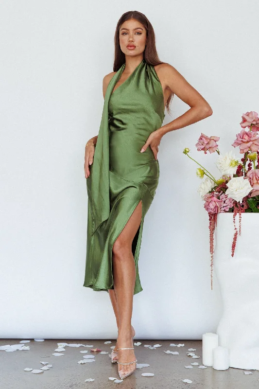 Italian Summer Tie Neck Midi Dress Olive Winter Warm - Up Sale