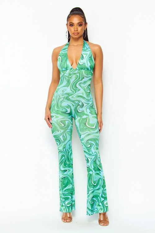 Best Days Printed Plunge Neck Halter Jumpsuit Budget Friendly