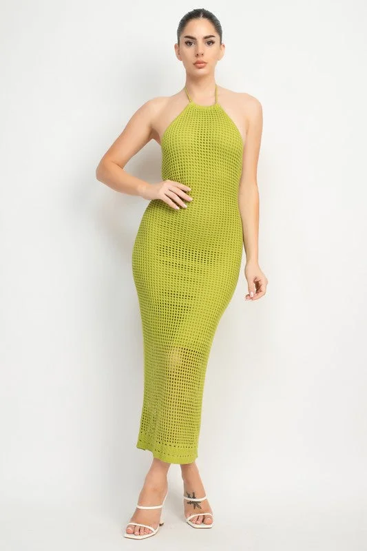 Halter Style Glam Midi Dress in Chartreuse Sophisticated Cut