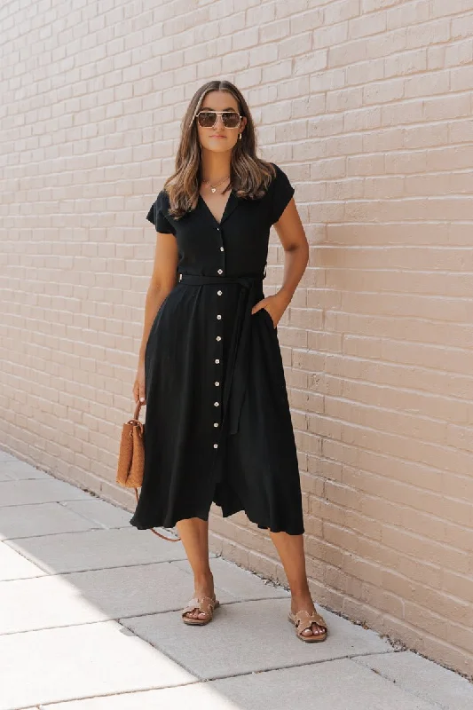 Black Button Down Tie Midi Dress Feminine Allure