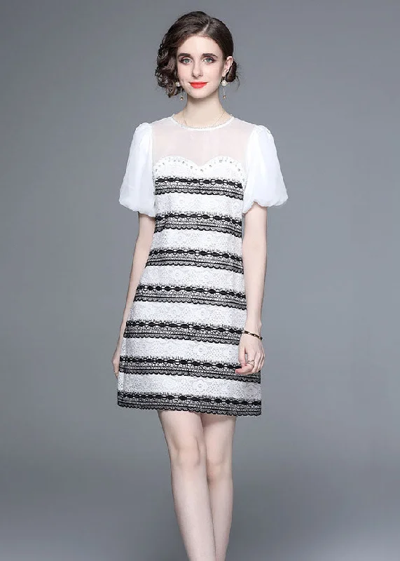 Stylish White O-Neck Zircon Tulle Patchwork Lace Mid Dress Summer Stay Ahead In Style