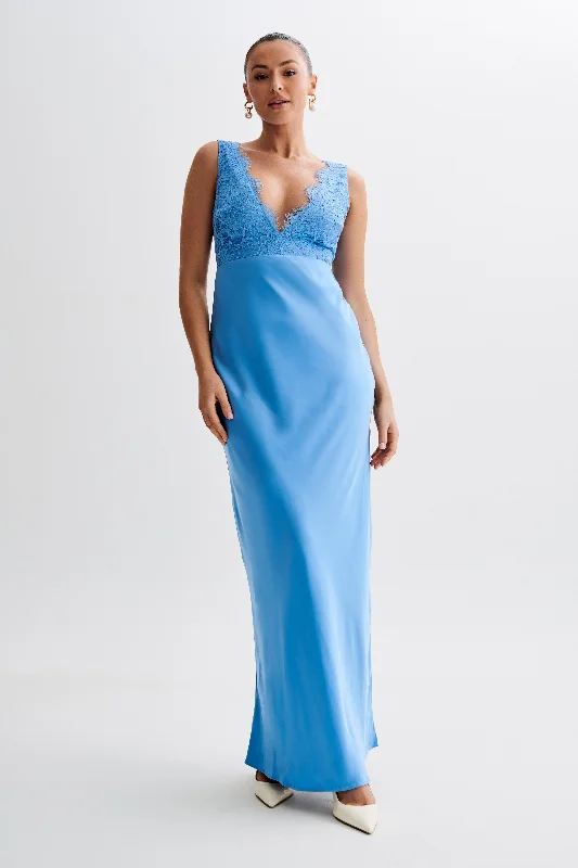 Ricci Satin And Lace Maxi Dress - Iris Blue Clearance Event