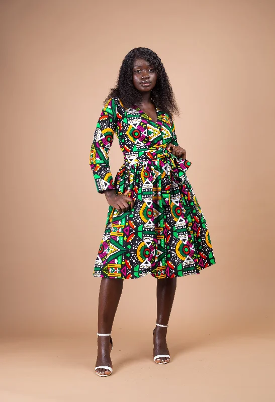 Juliana Ankara Midi Dress | Green and Yellow African Print Exclusive Discount