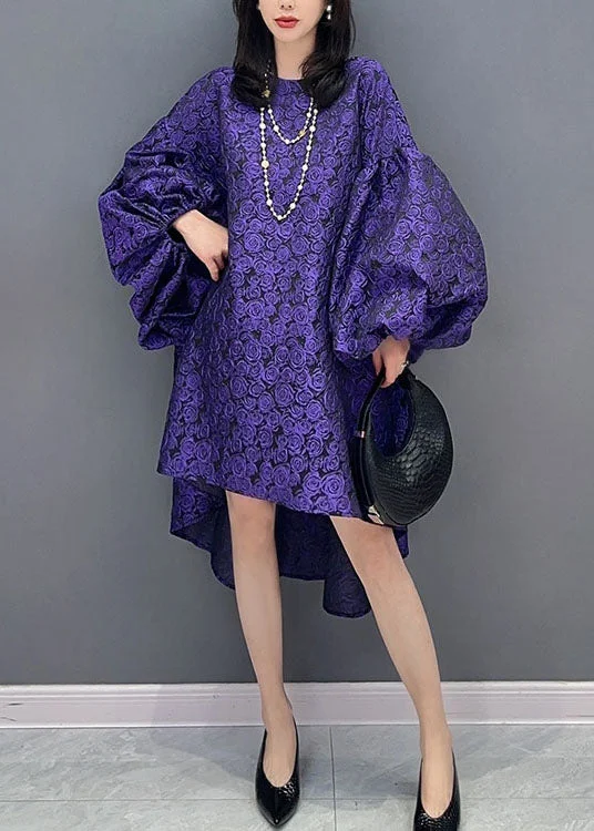 Modern Purple O Neck Wrinkled Patchwork Cotton Dress Lantern Sleeve Chic Styles