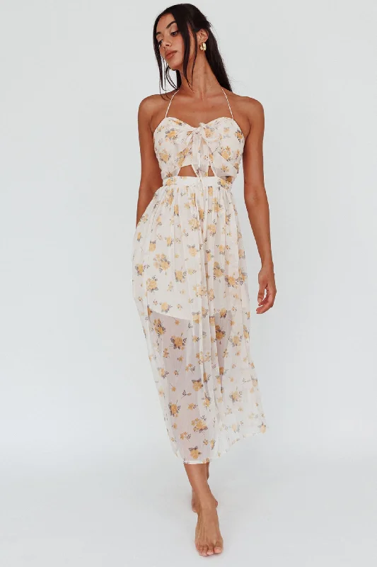 Los Feliz Tied Bust Halterneck Midi Dress Sheer Floral Yellow Fashion Essentials