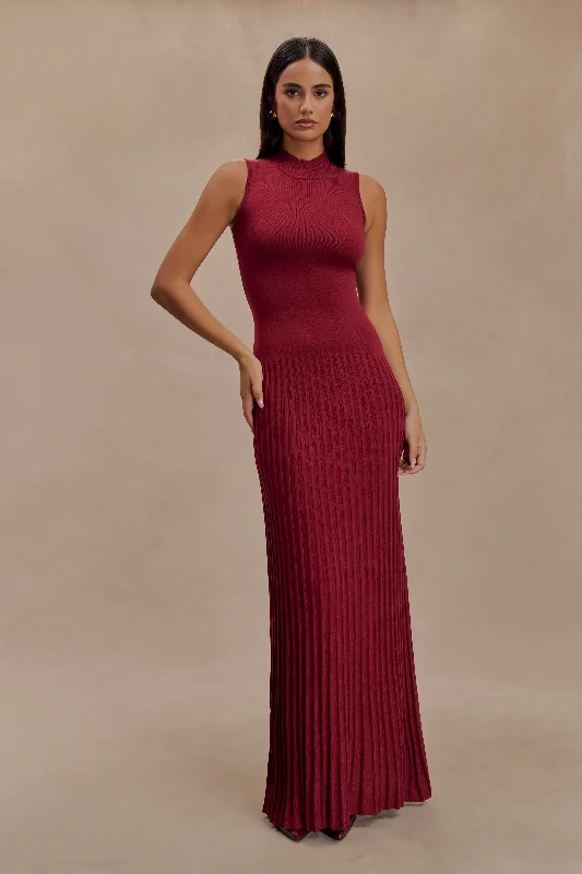 Mavis High Neck Pleated Maxi Dress - Mahogany Classic Timeless Elegant Style