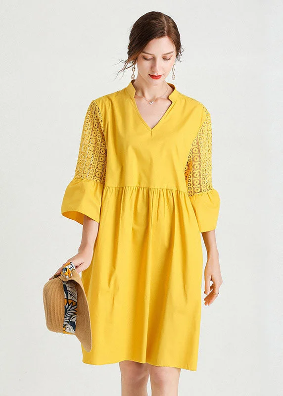 Diy Yellow V Neck Hollow Out Lace Patchwork Cotton Dresses Summer Durable Fashion Picks