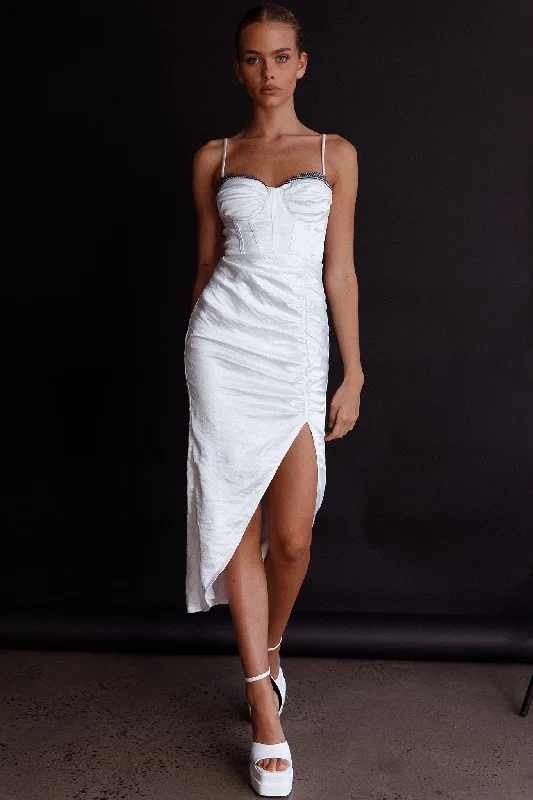 Fantasy Structured Bodice Ruched Midi Dress White New In This Season