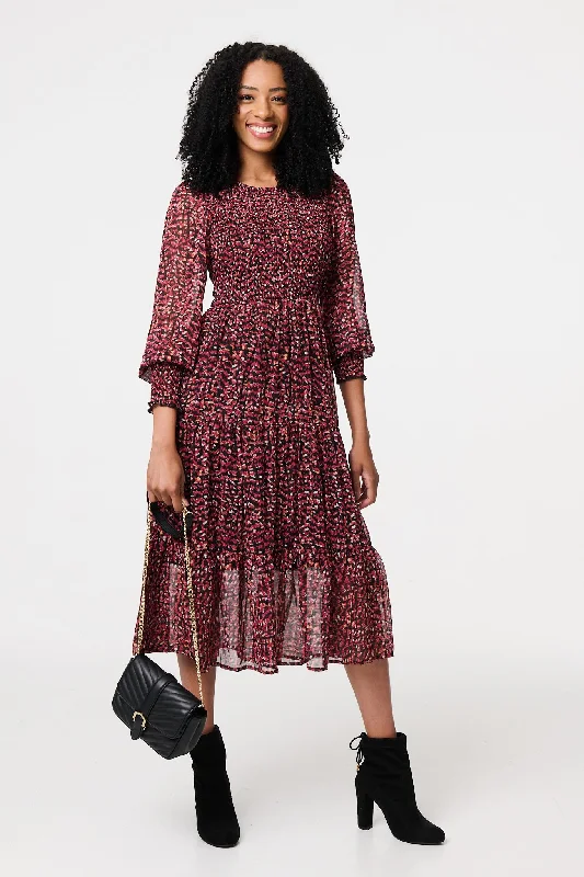 Ditsy Floral Tier Puff Sleeve Midi Dress Mid Season Sale