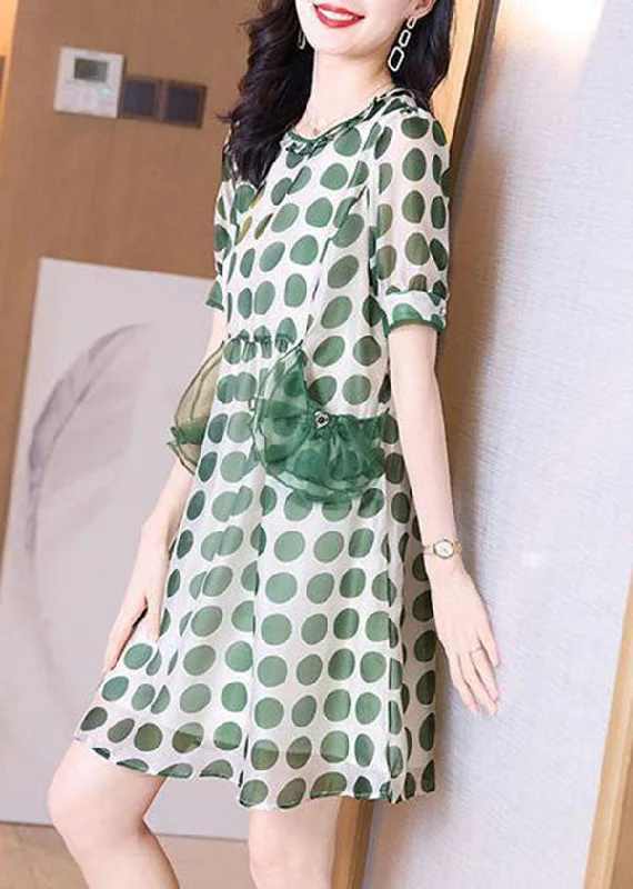 Beautiful Green Print Tulle Patchwork Chiffon Cinched Dress Summer Big Discounts