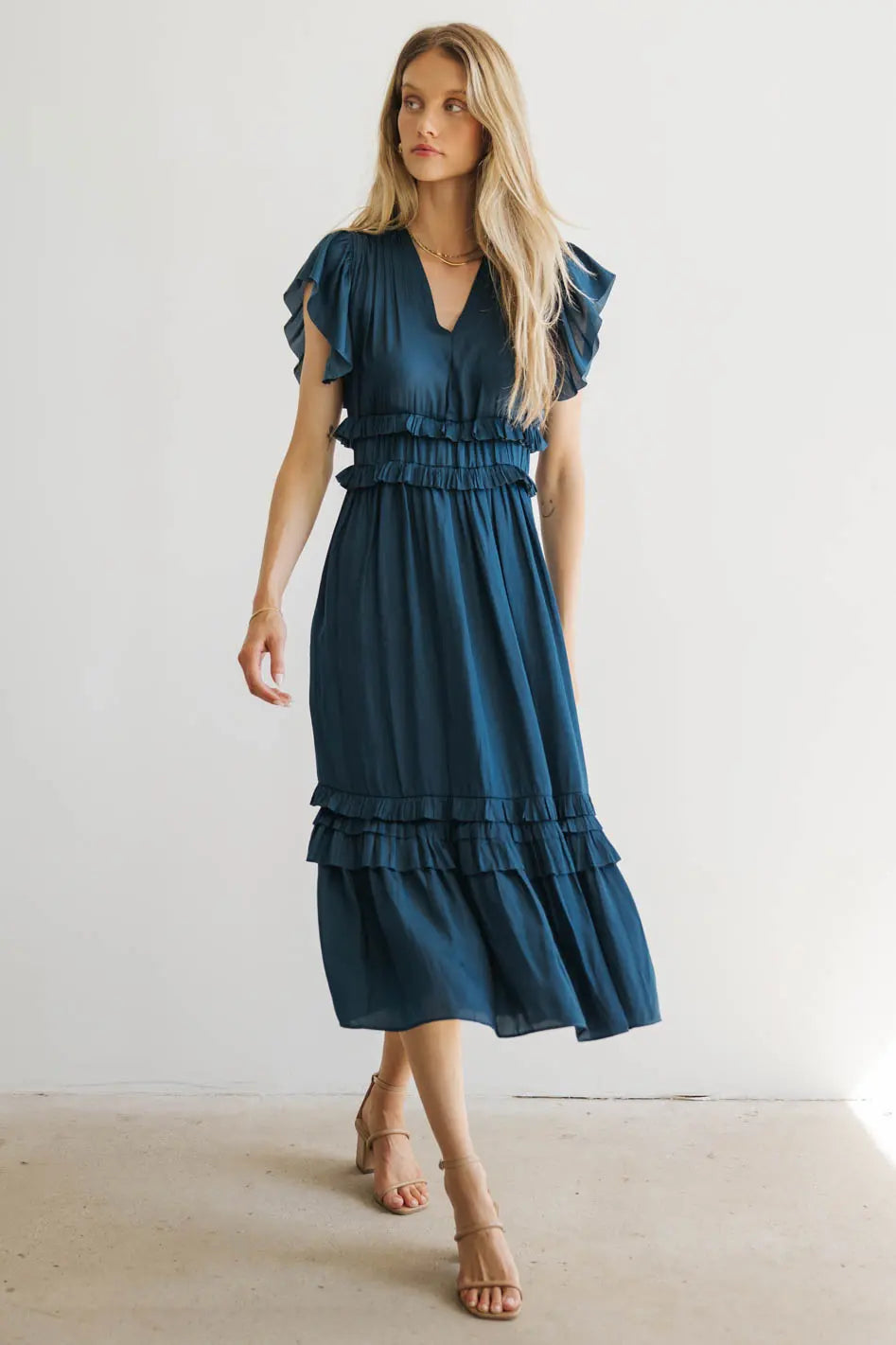 Willa Ruffle Dress in Teal Polished Finish