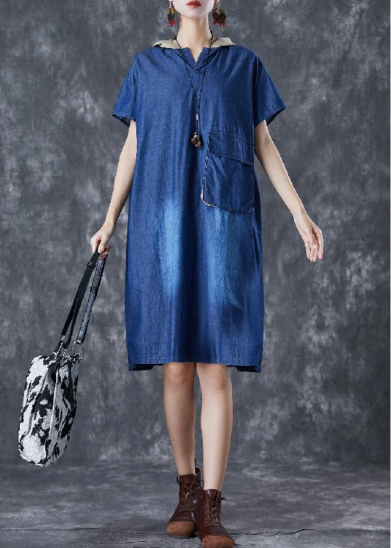 Women Blue Hooded Patchwork Pocket Denim Mid Dress Summer You'Ll Love Us Because