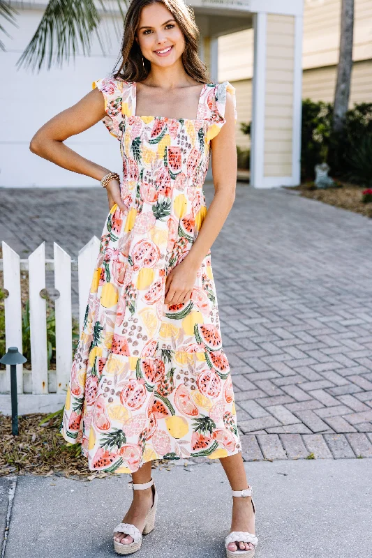 Just So Sweet Ivory Multi Fruit Print Midi Dress Casual Chic