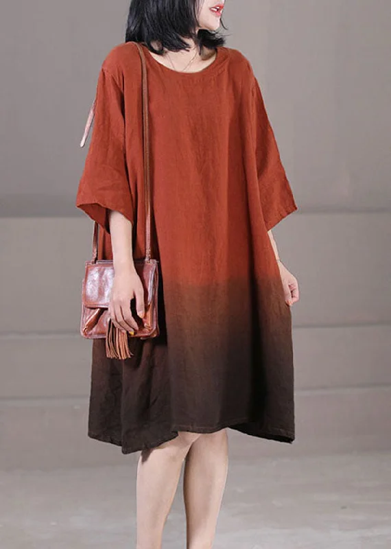 Caramel Exra Large Hem Cotton Vacation Dress O-Neck Gradient Color Half Sleeve Versatile Style Wardrobe