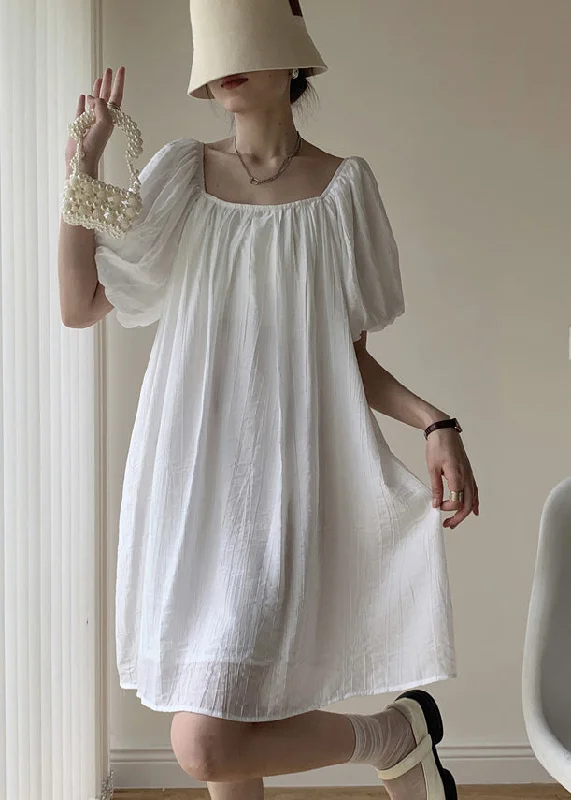 Modern White Square Collar Backless Cotton Mid Dresses Puff Sleeve Fashion Forward Femme