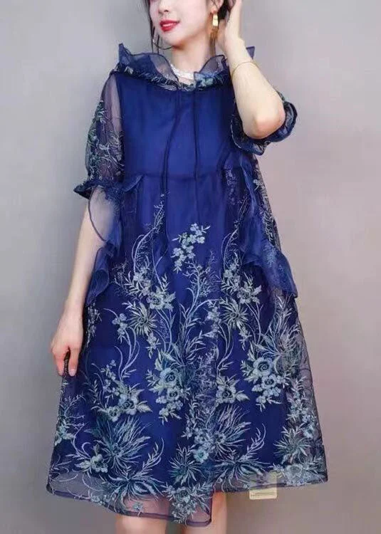 Natural Navy Hooded Ruffled Embroideried Patchwork Tulle Mid Dress Summer Step Ahead, Lead The Trend