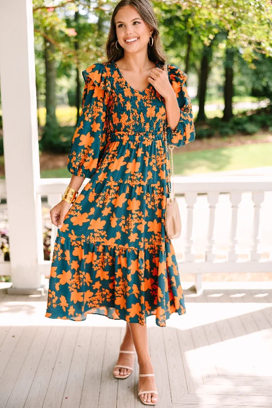 Just For Me Teal Blue Floral Midi Dress Seasonal Trends