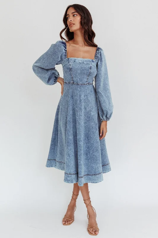 Jeanie Long Sleeve Midi Dress Denim Blue Seasonal Style Discounts