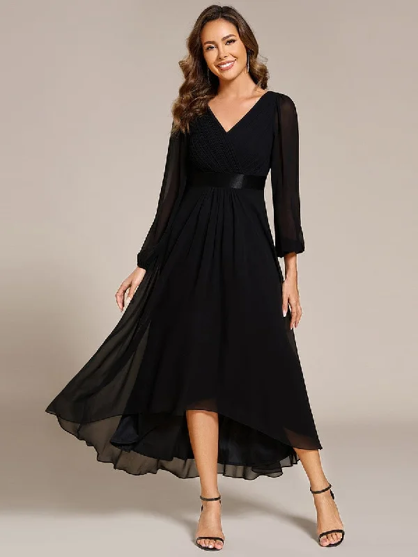 Long Sleeve A Line Chiffon Pleated Asymmetrical Hem Formal Dress Urban Femme Streetwear