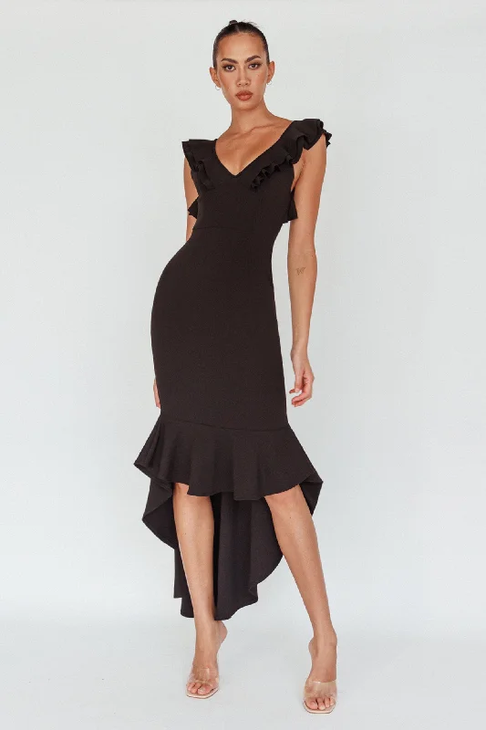 Pearl Ruffle Strap High-Low Hem Dress Black Flash Deals