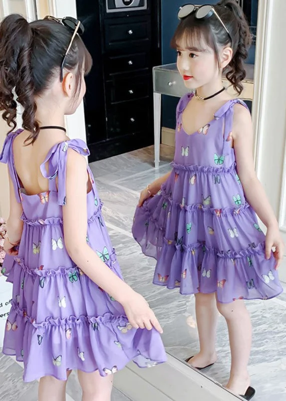 Modern Purple V Neck Print Ruffled Patchwork Kids Chiffon Slip Mid Dress Summer Latest Fashion