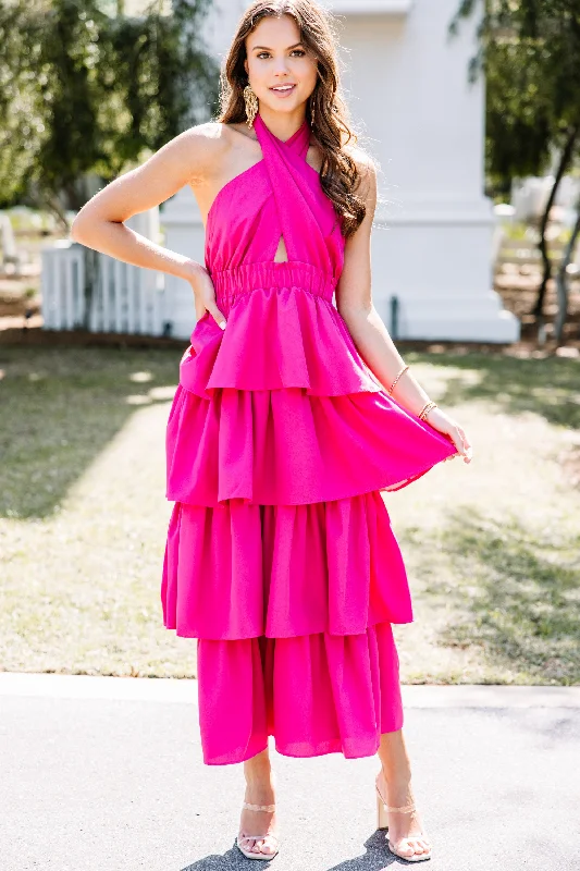 Meant To Be Fuchsia Pink Ruffled Maxi Dress Limited Stock