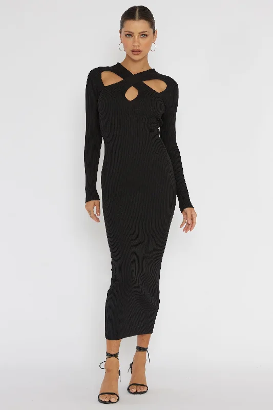 One Mind Cut-Out Neckline Knit Midi Dress Black Versatile Wardrobe Essentials