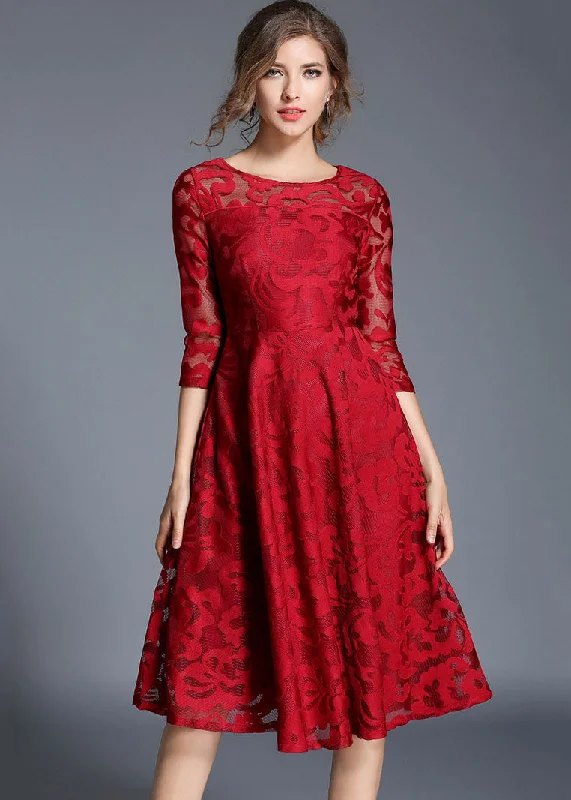 Red Patchwork Loose Lace Dresses O Neck Bracelet Sleeve Valentine's Special